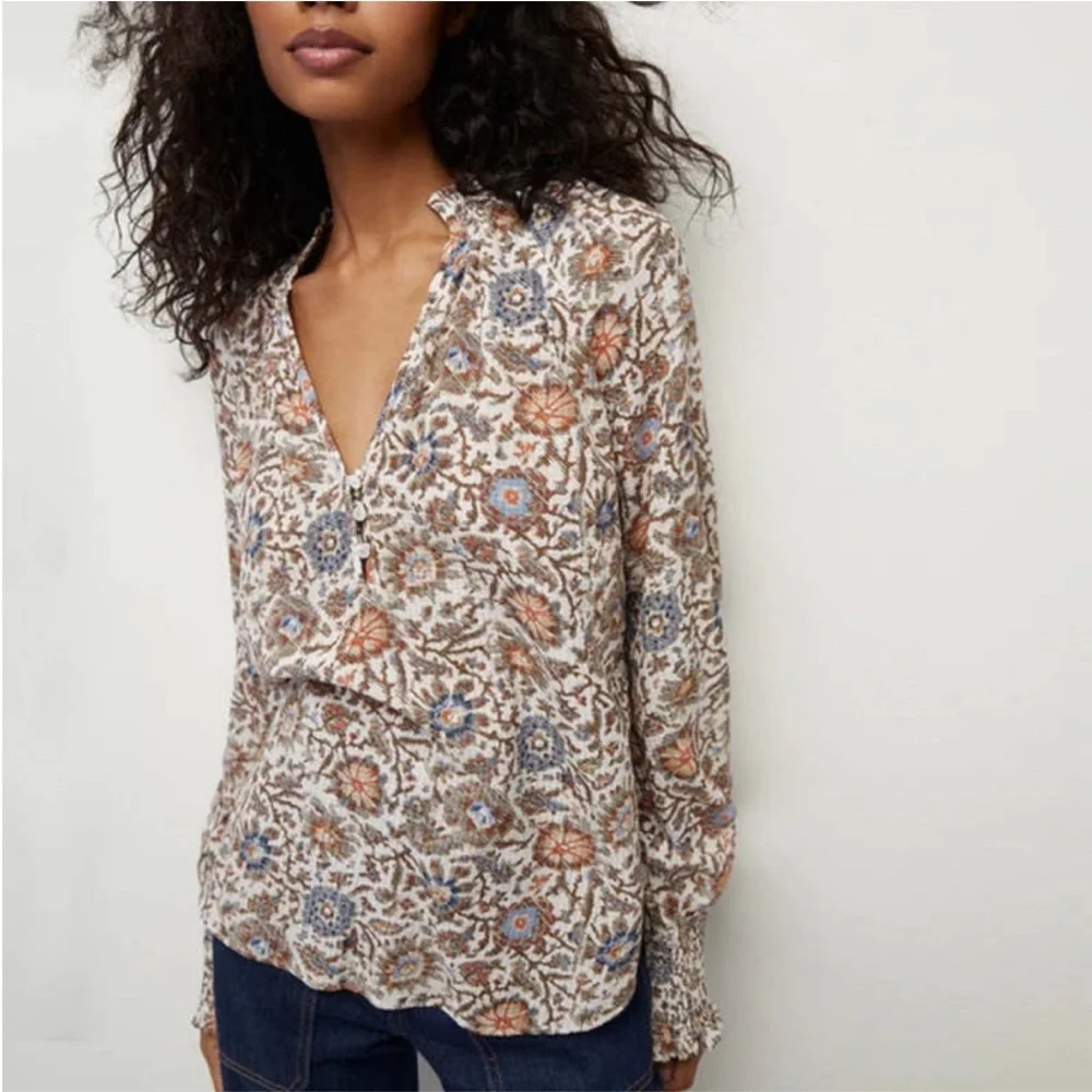 Veronica Beard Brown and Orange Relaxed Blouse with Notched Collar - Picture 1 of 5